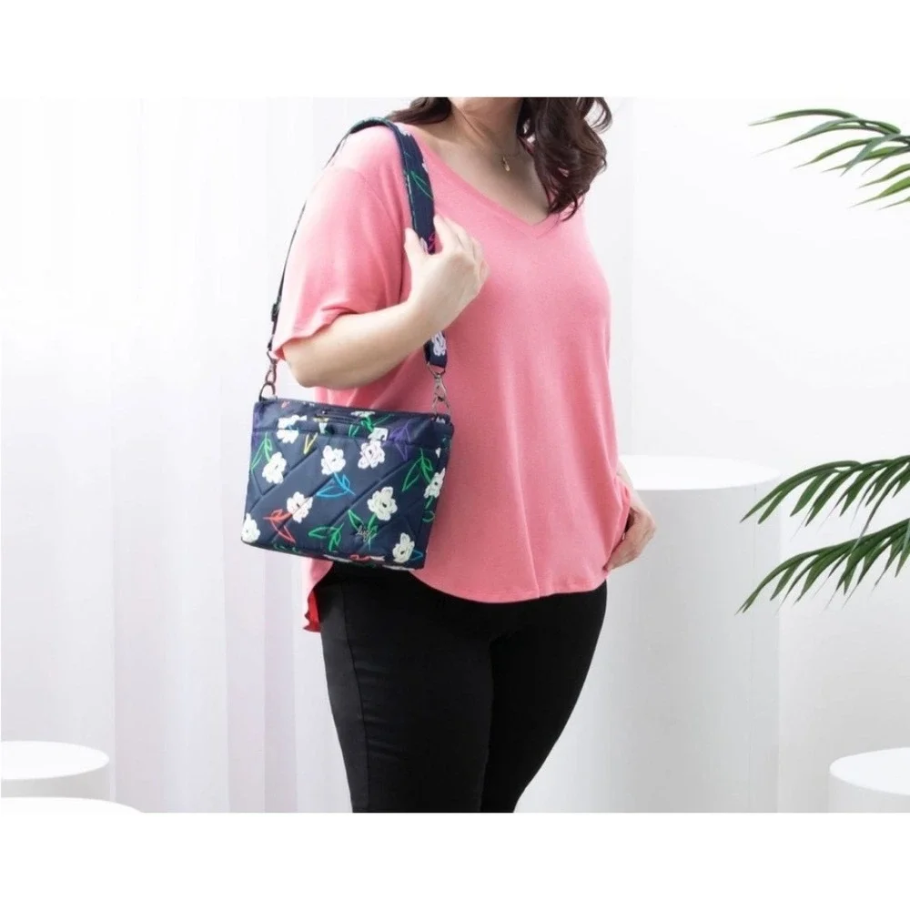 Lug Flare 2 Crossbody Bag Womens Small Navy Blue Bright Floral Quilted Nylon